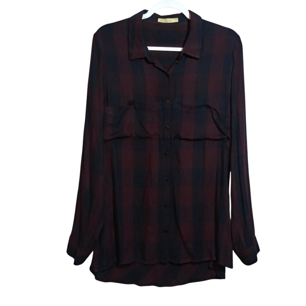 Hazel Flannel Western Button-Front Plaid Shirt Burgundy and Blue Casual Size L